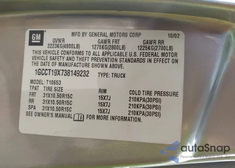 2003 Chevrolet S-10 Ls z USA, uszkodzony, nr VIN 1GCCT19X738149232